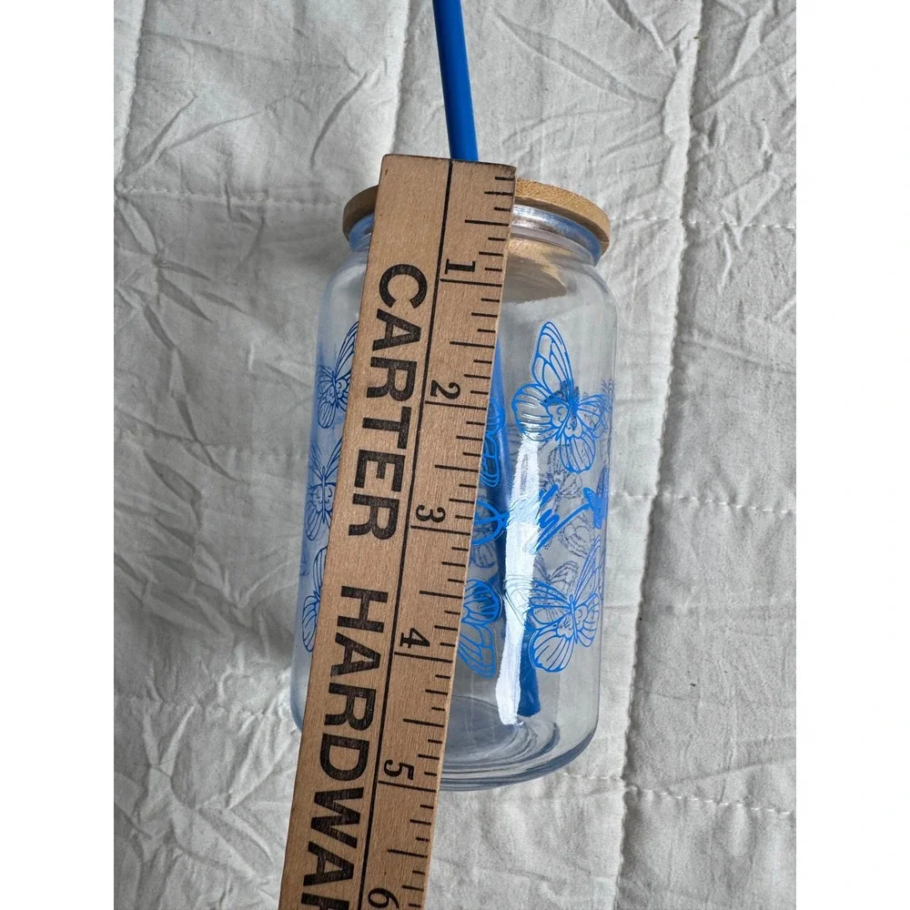 Dolly Parton Blue Butterfly NEW Glass Can Tumbler with Bamboo Lid and Straw 16oz